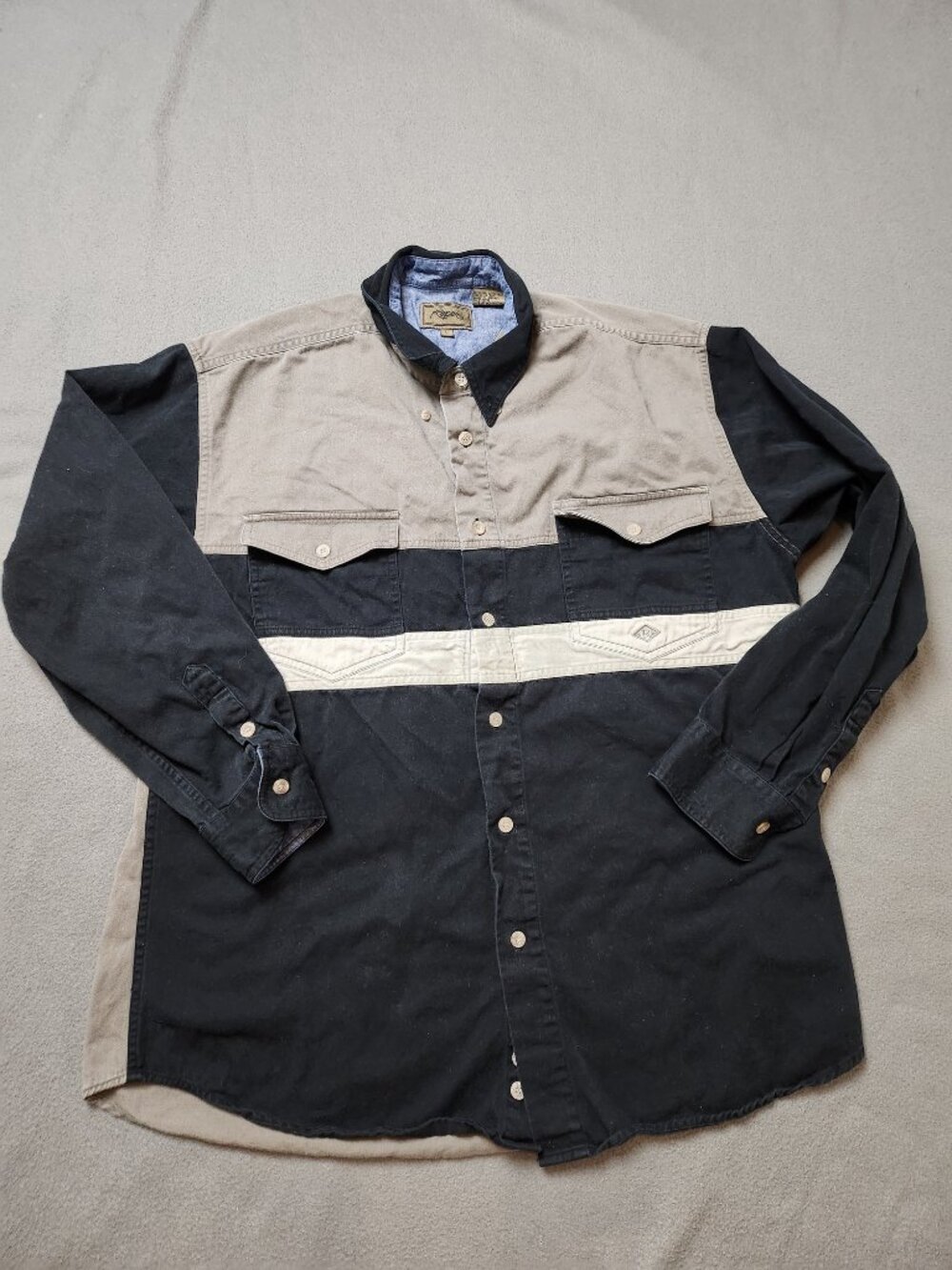 Vintage Roper Western Shirt Mens L Black Tan Colour Block Button Up 100% Cotton